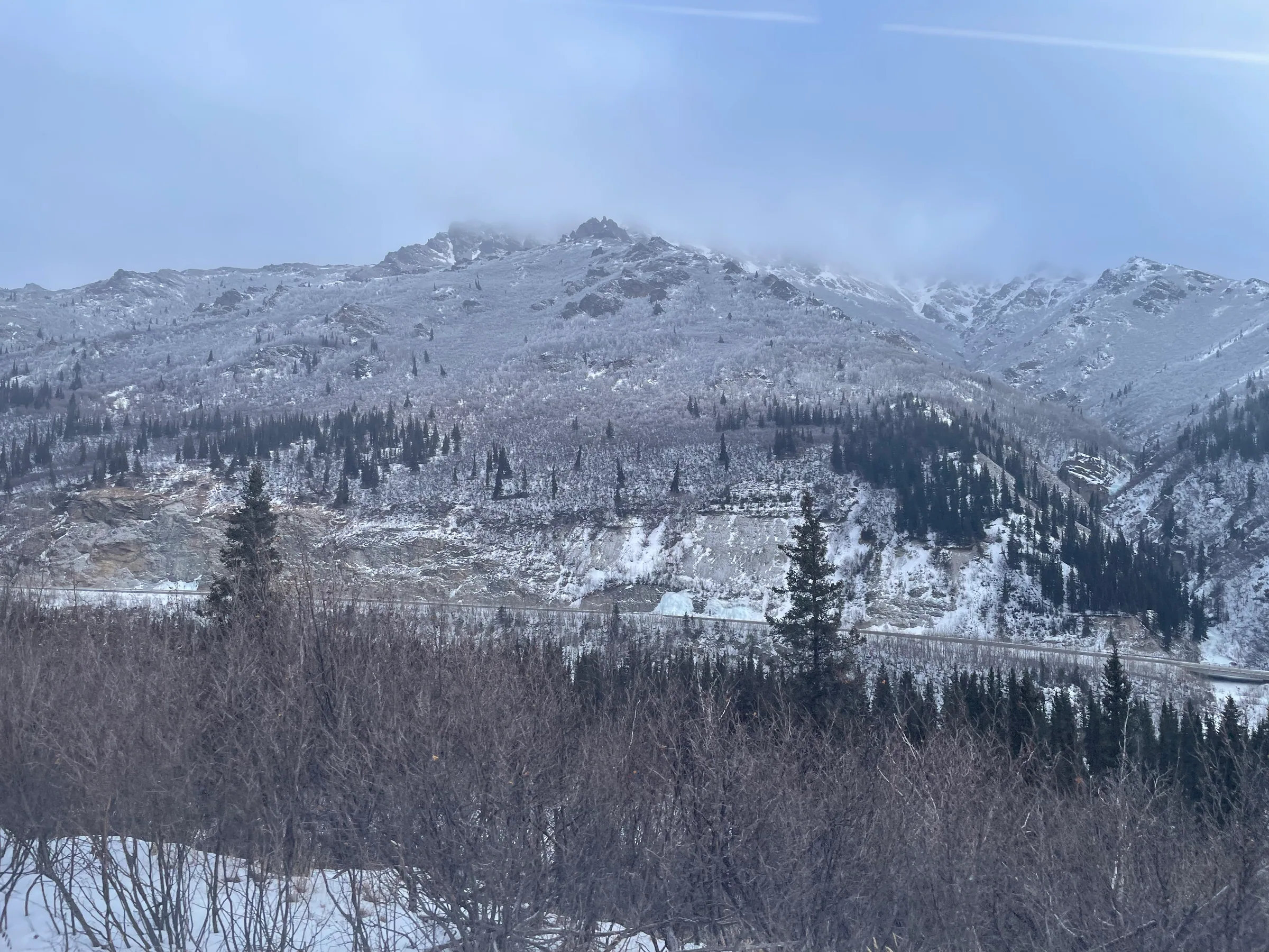 列车沿途覆雪的山峦与树林